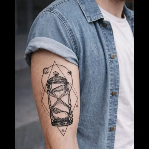 Tatouage éphémère sablier, symbole du temps qui passe et de l’instant présent.