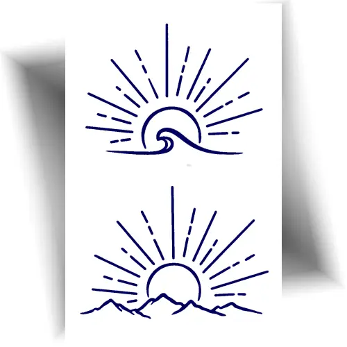 Tatouage semi-permanent jagua vague soleil montagne – planche de 2 tatouages temporaires nature