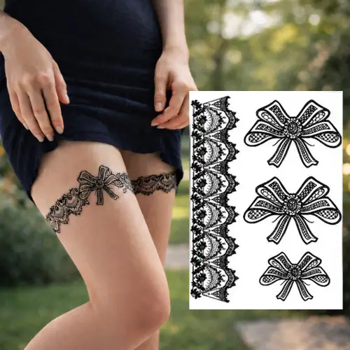 Tatouage temporaire jarretière sexy en dentelle noire, motif sensuel pour un look glamour.