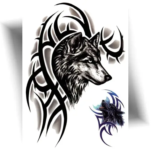 Tatouage temporaire représentant une tête de loup tribal en noir et gris.