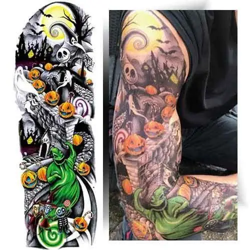 Tatouage éphémère manchette Halloween XXL couvrant tout le bras ou la jambe – motifs citrouilles, fantômes et démons, résistant à l’eau.