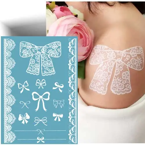 Planche de tatouage temporaire nœud blanc avec motifs fins effet dentelle et bracelet, idéal pour mariage et été.