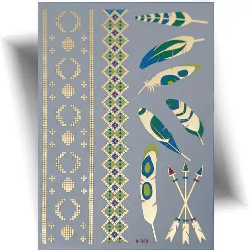 Planche tatouage éphémère doré plumes flèches bracelets effet bijou peau