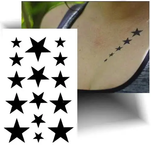 Tatouage temporaire minimaliste étoiles noires, plusieurs petits motifs noirs pour un style moderne.