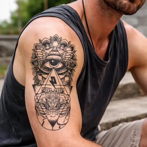 Tatouage temporaire représentant un œil mystique, symbole de protection et de vigilance. Design réaliste appliqué sur la peau, adapté pour bras, épaule, cuisse ou mollet.