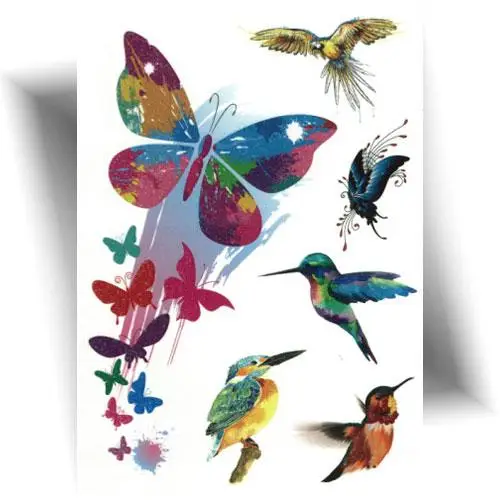 Tatouage éphémère pailleté oiseau et papillon – motifs colibri et papillons scintillants, application facile à l’eau, tenue 3 à 7 jours.