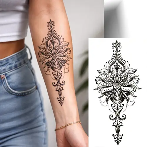 Tatouage temporaire orchidée femme noir et gris motif floral.