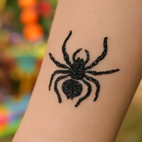 Tatouage temporaire en paillettes représentant une araignée effrayante, posé sur la peau à l’aide d’un pochoir adhésif, avec des paillettes noires scintillantes.