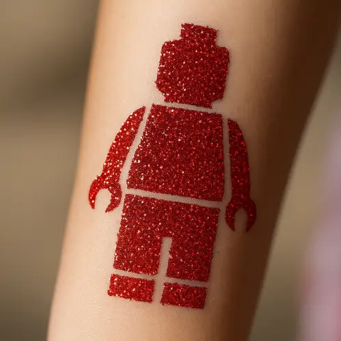 Tatouage éphémère pailleté représentant une figurine de type Brick-Man