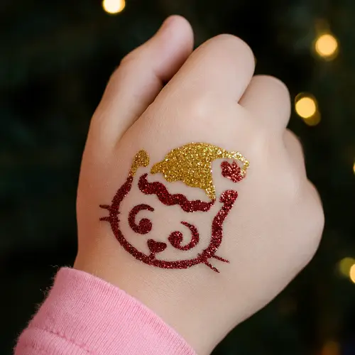 Un pochoir adhésif représentant un adorable chat de Noël, idéal pour réaliser des tatouages temporaires festifs et amusants.