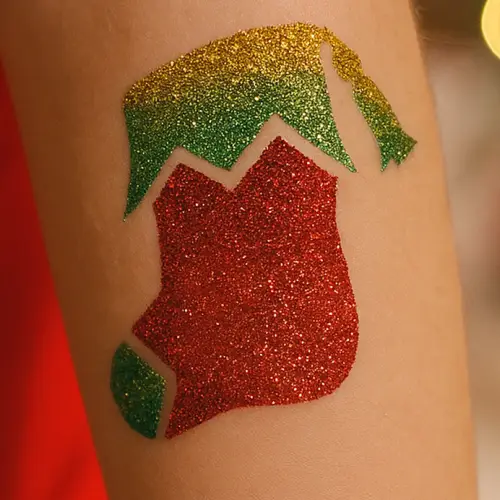 Tatouage paillette chaussette de Noël rouge, vert et doré réalisé avec pochoir, colle peau et paillettes cosmétique.