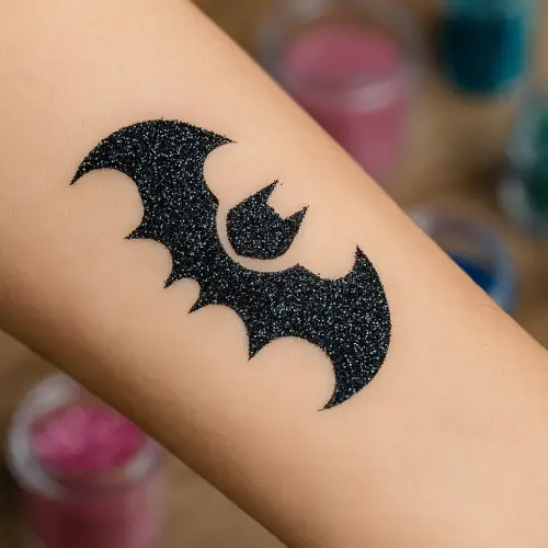 Pochoir tatouage éphémère chauve-souris pour enfant avec paillettes noires et jaunes – motif super-héros.