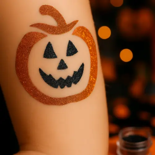 Tatouage paillette Halloween représentant une citrouille avec des paillettes cosmétiques réalisé à l’aide d’un pochoir adhésif.