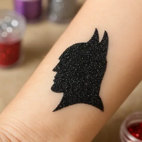Tatouage éphémère scintillant dark night réalisé avec un pochoir adhésif, avec de la colle cutanée et des paillettes cosmétiques.
