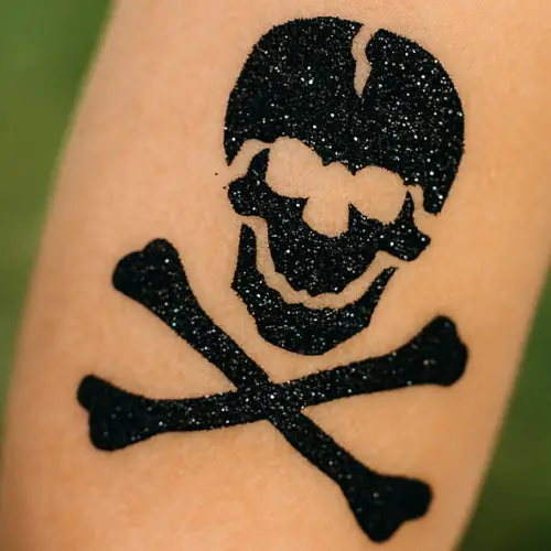 Tatouage pailleté drapeau pirate noir, réaliser avec un stencil adhésif, de la colle pour la peau et des paillettes.