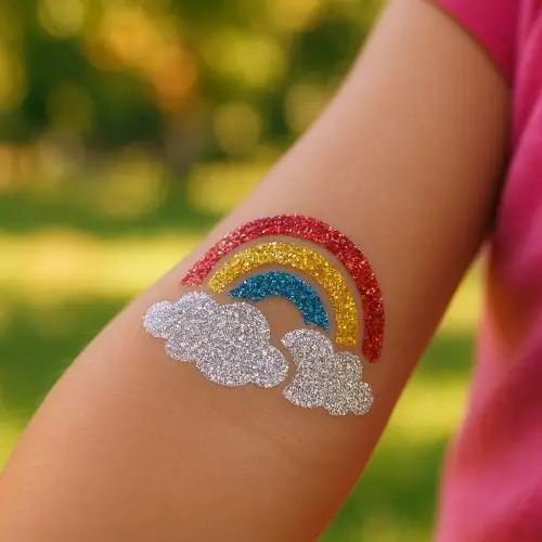 Tatouage paillette arc-en-ciel, réalisé avec un pochoir adhésif et des paillettes colorées scintillantes.