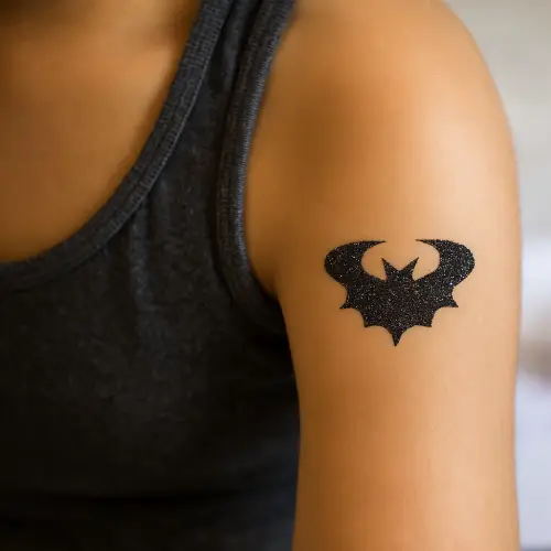 Tatouage temporaire pailleté représentant une chauve-souris noire, réalisé avec un pochoir adhésif, de la colle pour la peau et des paillettes noires.