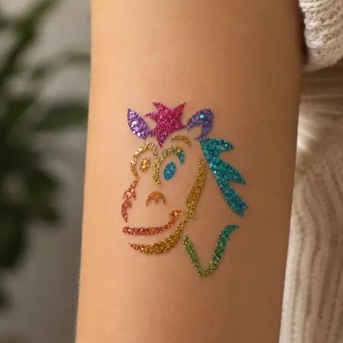 Tatouage éphémère pailleté cheval cowboy réalisé avec le pochoir tatouage cheval cowboy.