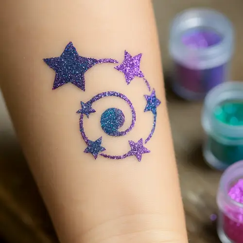Tatouage pailleté Étoile Spirale réalisé avec pochoir adhésif, colle cosmétique et paillettes pour un motif scintillant et éphémère sur la peau.