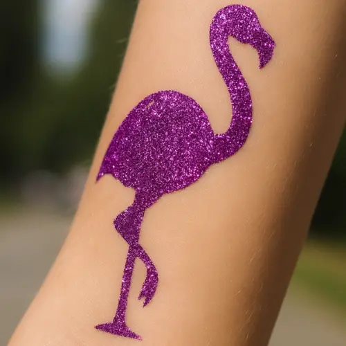 Pochoir tatouage flamant rose – motif tropical pour enfants et adultes.