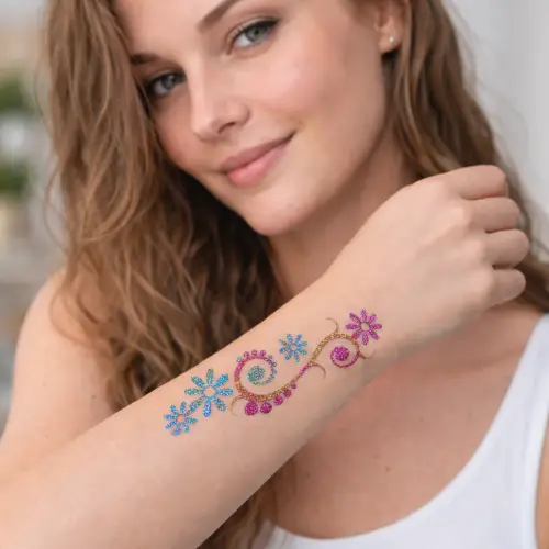 Tatouage pailleté éphémère représentant une fleur orientale, réaliser avec un pochoir, de la colle cosmétique et des paillettes brillantes.