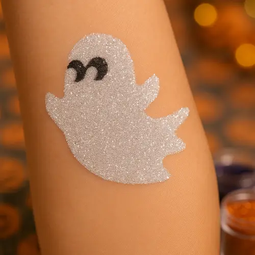 Tatouage éphémère pailleté représentant un fantôme réalisé à l’aide d’un pochoir adhésif, de la colle cosmétique et des paillettes blanches.