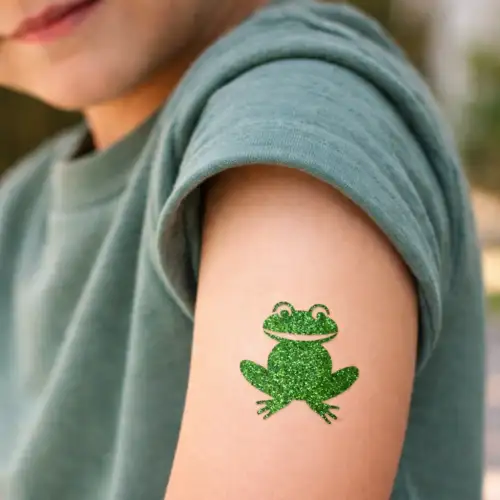 Tatouage pailleté grenouille réalisé avec un pochoir adhésif, de la colle cosmétique et des paillettes scintillante.