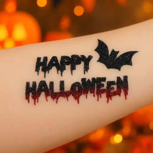 Tatouage pailleté happy Halloween réalisé avec des paillettes, de la colle cosmétique et un stencil adhésif.
