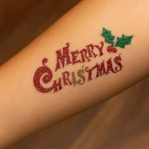 Tatouage pailleté merry Christmas réalisé avec un stencil adhésif, des paillettes cosmétiques et avec une colle spéciale pour la peau.