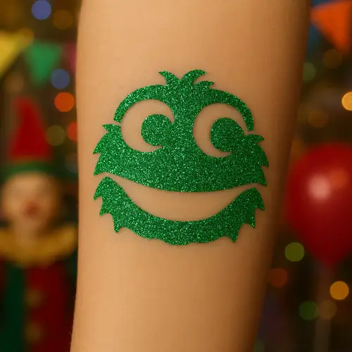 Tatouage pailleté monster avec pochoir adhésif, réalisé avec colle cosmétique et paillettes pour un design amusant et éphémère.