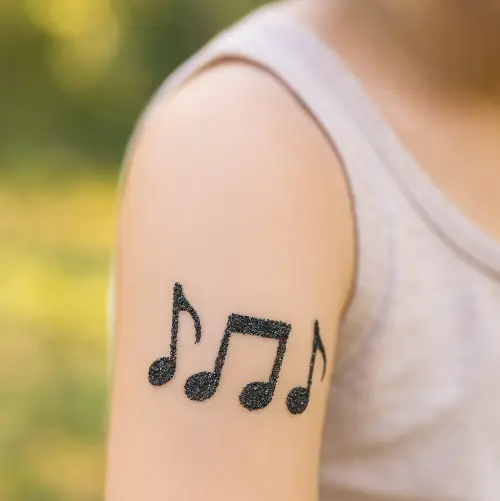 Tatouage temporaire en paillettes noires représentant des notes de musique.