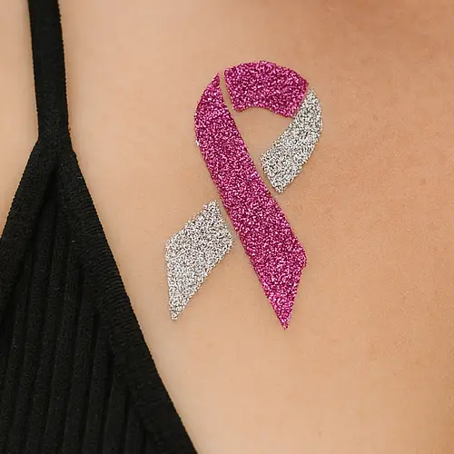 Tatouage pailleté éphémère en forme de ruban rose, symbole d’octobre rose, appliqué sur la peau avec un pochoir adhésif et des paillettes cosmétiques.