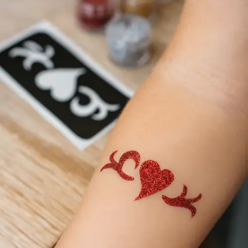 Tatouage éphémère pailleté réalisé avec un pochoir adhésif, de la colle spéciale peau et des paillettes cosmétiques.