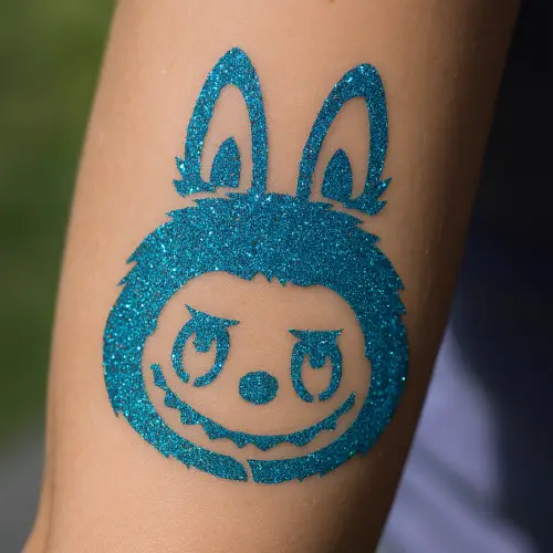 Tatouage pailleté petit Lulu – Réalisé avec un pochoir adhésif et des paillettes cosmétiques scintillantes.