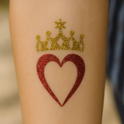 Tatouage pailleté roi des cœurs réalisé avec un stencil adhésif et de la colle cosmétique.