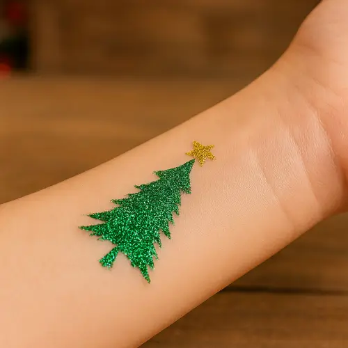 Tatouage éphémère pailleté sapin de Noël réalisé avec un pochoir adhésif, de la colle cosmétique et des paillettes, idéal pour les fêtes de fin d’année.