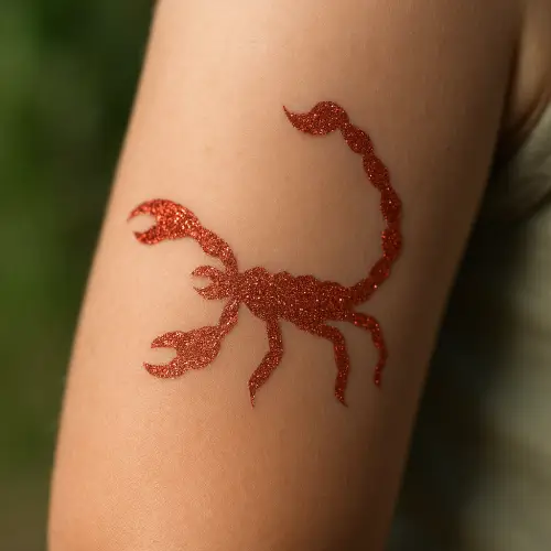 Ce tatouage pailleté en forme de scorpion est obtenu grâce à un pochoir adhésif, garantissant des contours nets.