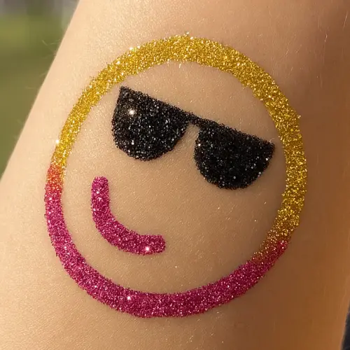 Tatouage éphémère smiley en paillettes multicolores réalisé avec un pochoir adhésif et de la colle cosmétique.
