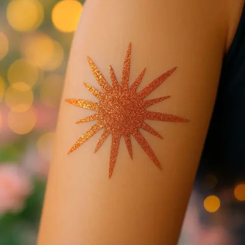 Tatouage éphémère en forme de soleil étincelant, réalisé avec des paillettes cuivrées appliquées à l’aide d’un pochoir adhésif sur la peau.