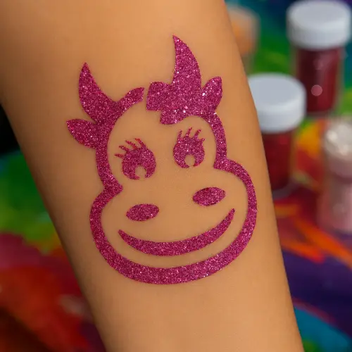 Tatouage temporaire en paillettes roses représentant une vache coquette.