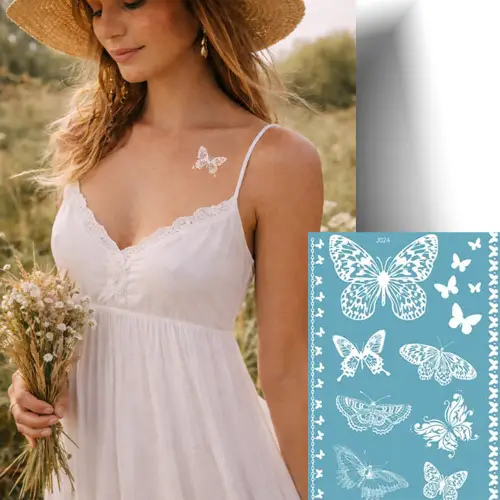 Planche de tatouages temporaires papillon blanc avec motifs fins style dentelle, idéale pour mariage et look estival.