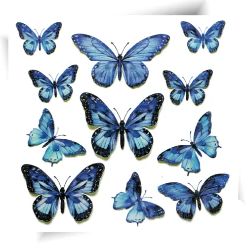 Planche de tatouages éphémères papillons bleu royal pailletés avec 11 motifs