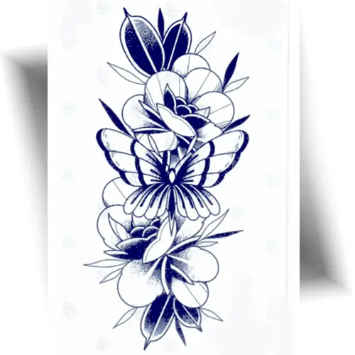 Tatouage semi-permanent papillon floral au jagua, motif papillon centré entre des fleurs.