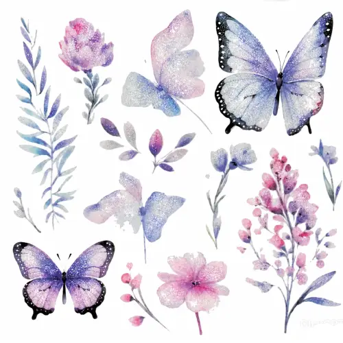Planche de tatouages éphémères papillons et fleurs lilas pailletés avec 12 motifs violet tendre.