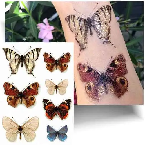 Tatouage éphémère papillon pailleté brun et blanc pour enfant, motifs scintillants faciles à appliquer.