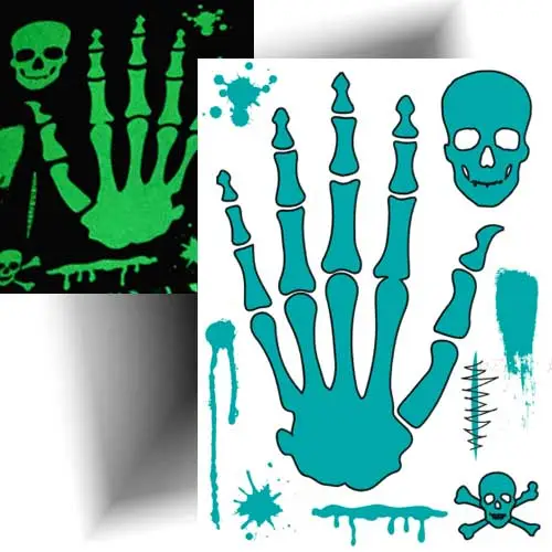 Tatouage éphémère squelette phosphorescent avec main squelette et têtes de mort brillantes dans le noir, spécial Halloween.