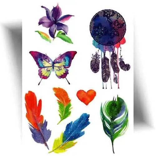 Tatouage temporaire plume pailletée, motifs scintillants plume, attrape-rêve, papillon et fleur.