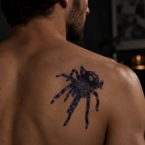 Tatouage éphémère mygale réaliste posé sur une épaule pour un effet araignée saisissant.