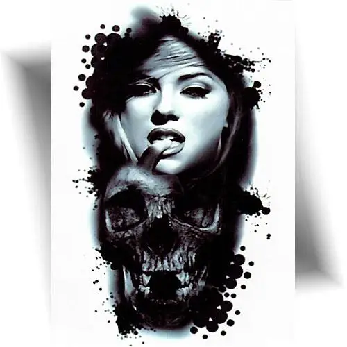 Tatouage éphémère réaliste représentant un visage de femme au-dessus d’un crâne, symbole de dualité entre vie et mort, effet photo-réaliste.