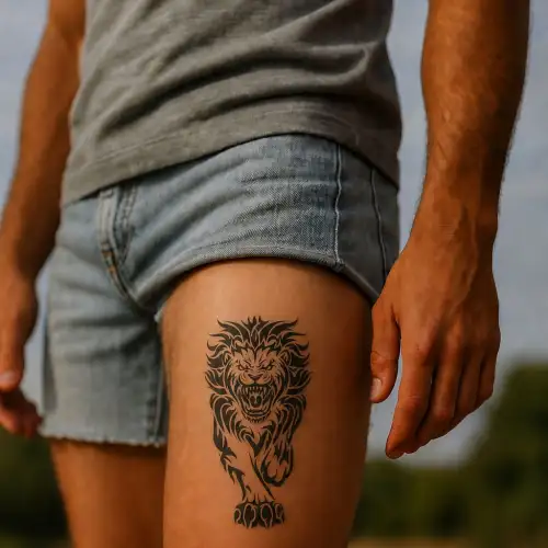 Tatouage éphémère lion tribal noir appliqué sur la cuisse d'un homme, représentant un lion rugissant aux lignes graphiques et au style tribal.